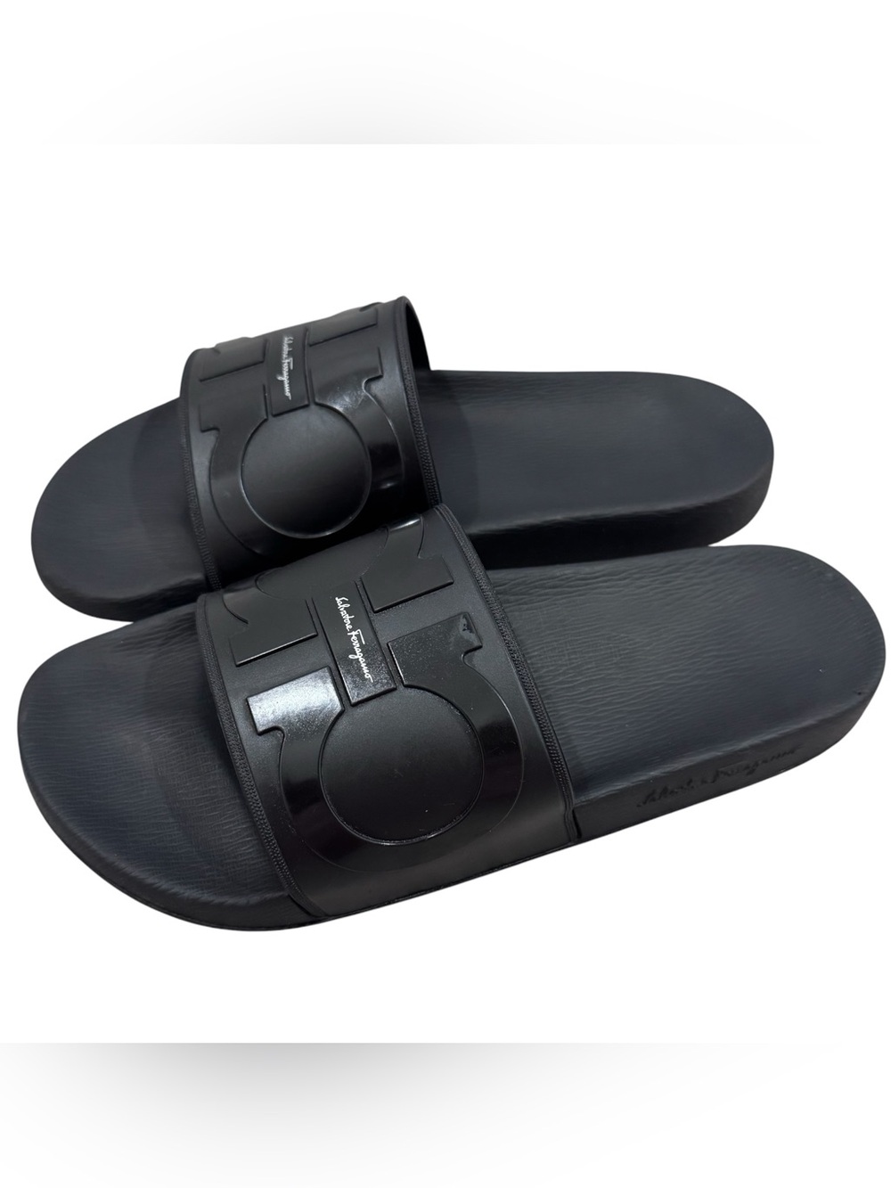 Salvatore Ferragamo Black Slide Sandals Mens Size 9 Groove 2 Rubber Gancini Logo - Picture 5 of 11